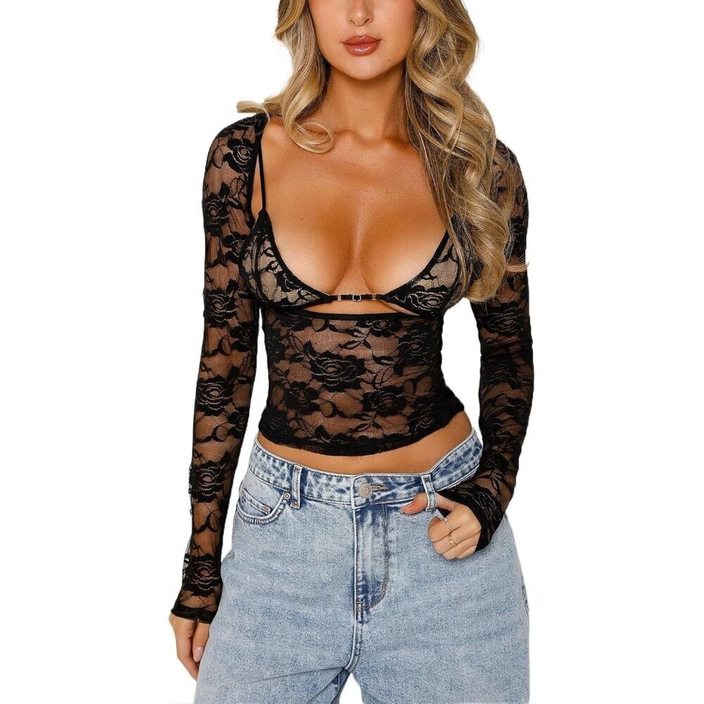 Women Lace Long Sleeve Crop Top Y2K Slim Fit Club Streetwear